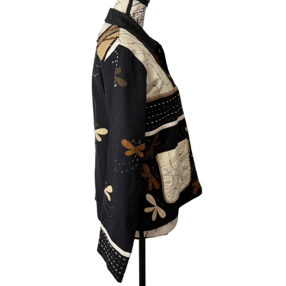 Yak Magik Women Size S Jacket Patchwork Art Embroidered Dragonfly Black Cream - Picture 2 of 8